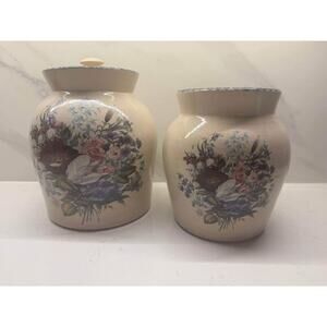 Vintage Marshall Texas Casey Pottery Wild Flowers Blue Sponge Canisters Set of 2